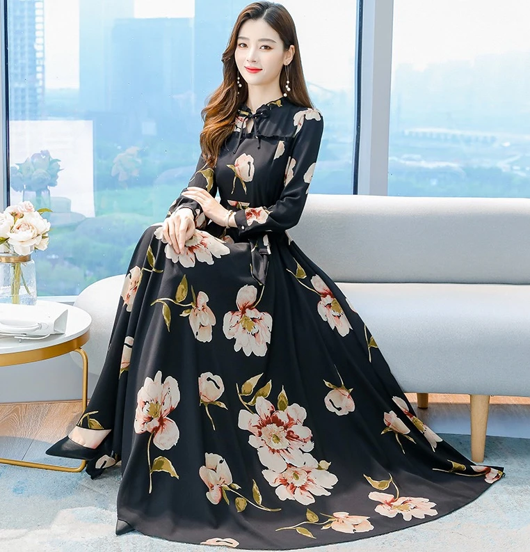 Women Maxi Standard Floral Summer long dress lady long sleeves printing  flowers fashion Dresses