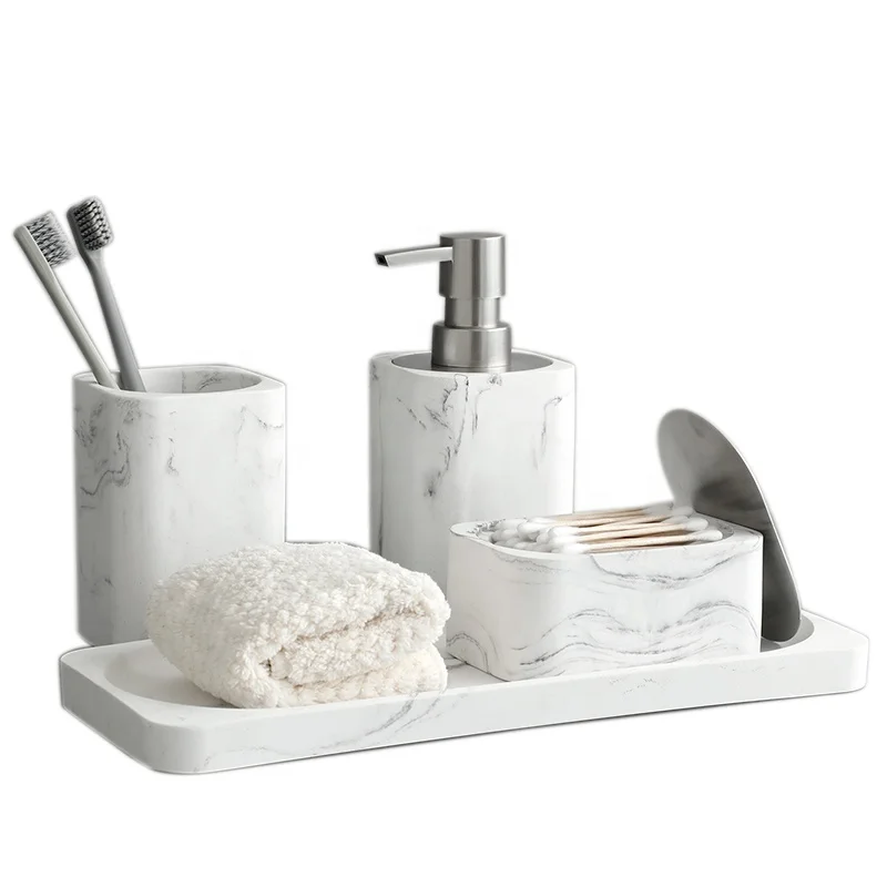 White Luxury Marble Sand stone Like Soap  dispenser Cotton box tooth brush holder Tray Resin bathroom accessories sets