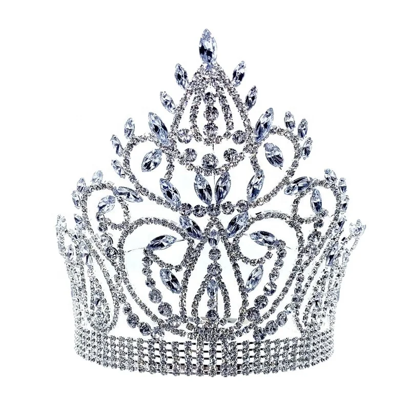 Free customized full round silver diamond tiaras gold queen pageant adjustable rhinestone crystal