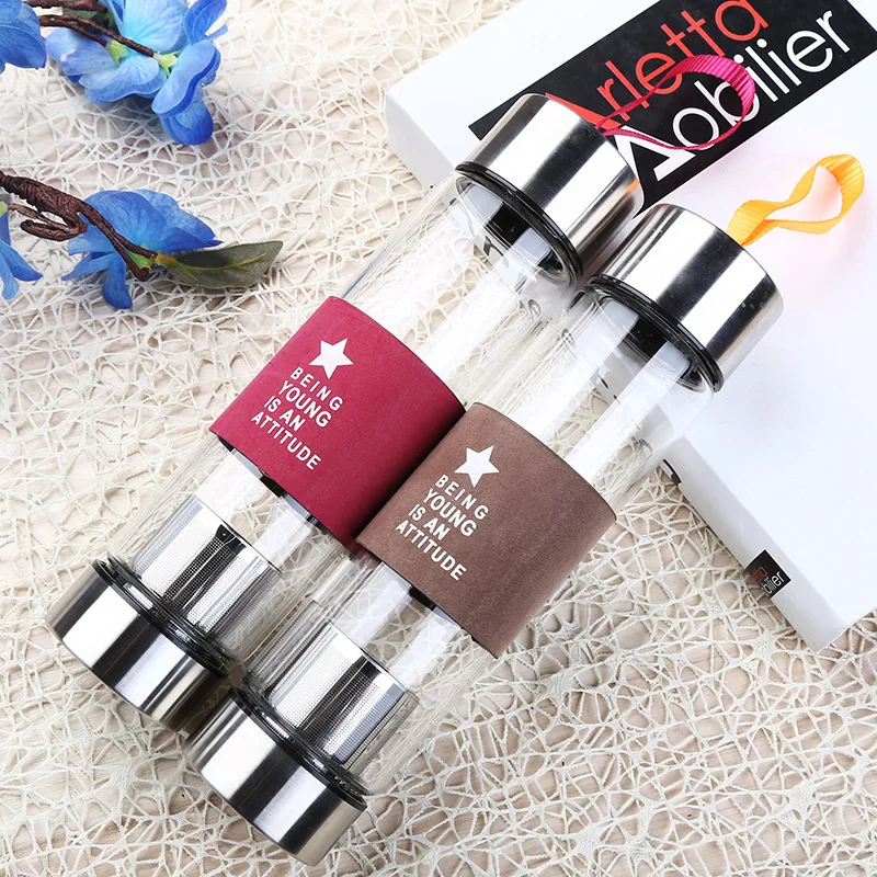 Подарочная чашка с логотипом на заказ, бутылка для воды с фильтром для чая, переносной Теплоизоляционный кожаный чехол, стеклянная бутылка для воды с ситечком для чая