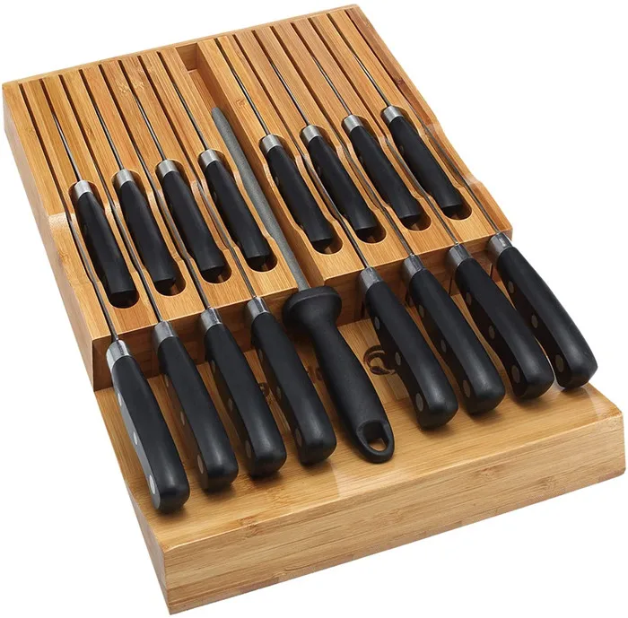 Bamboo Knife Block, Drawer Organiser and Holder for 12 Knives and 1 Sharpening Steel
