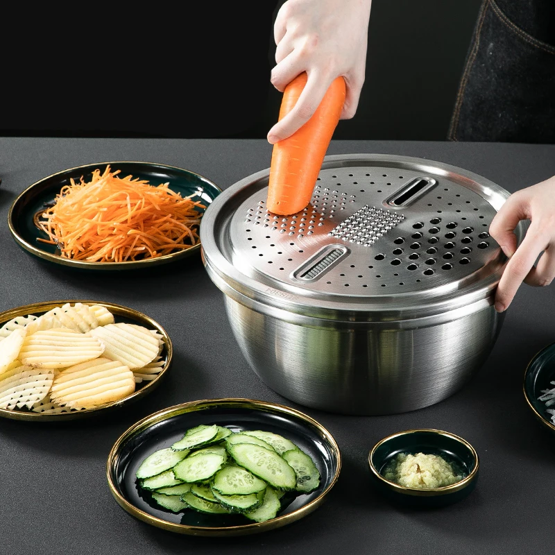 Customized 3 In 1 Food Grater Rice Sieve Vegetable Grater Slicing Basin Washing Colander Grater Stainless steel Mixing Bowls