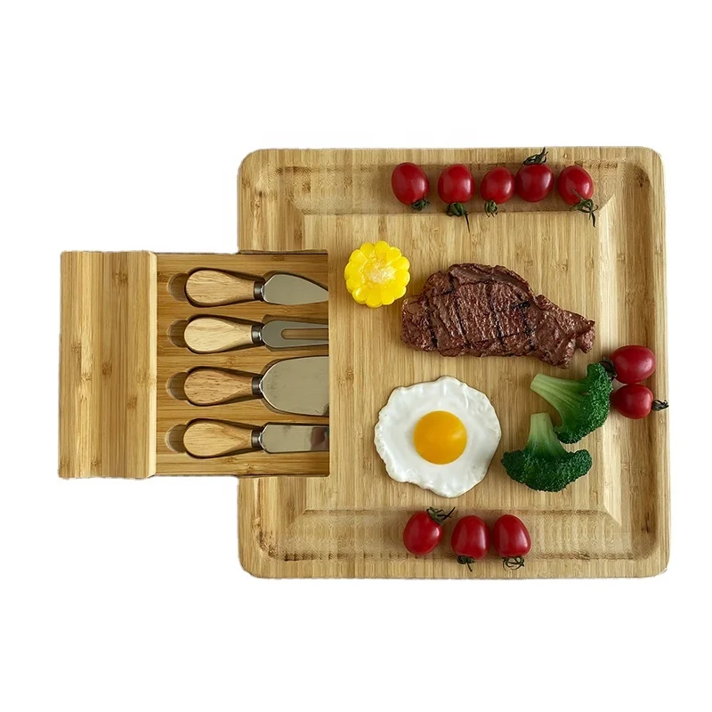 Bamboo Kitchen Board Serving Tray Natural Bamboo Wood 1 Magnetic Slide-Out Drawers Cheese Cutting Board with Knife Drawer