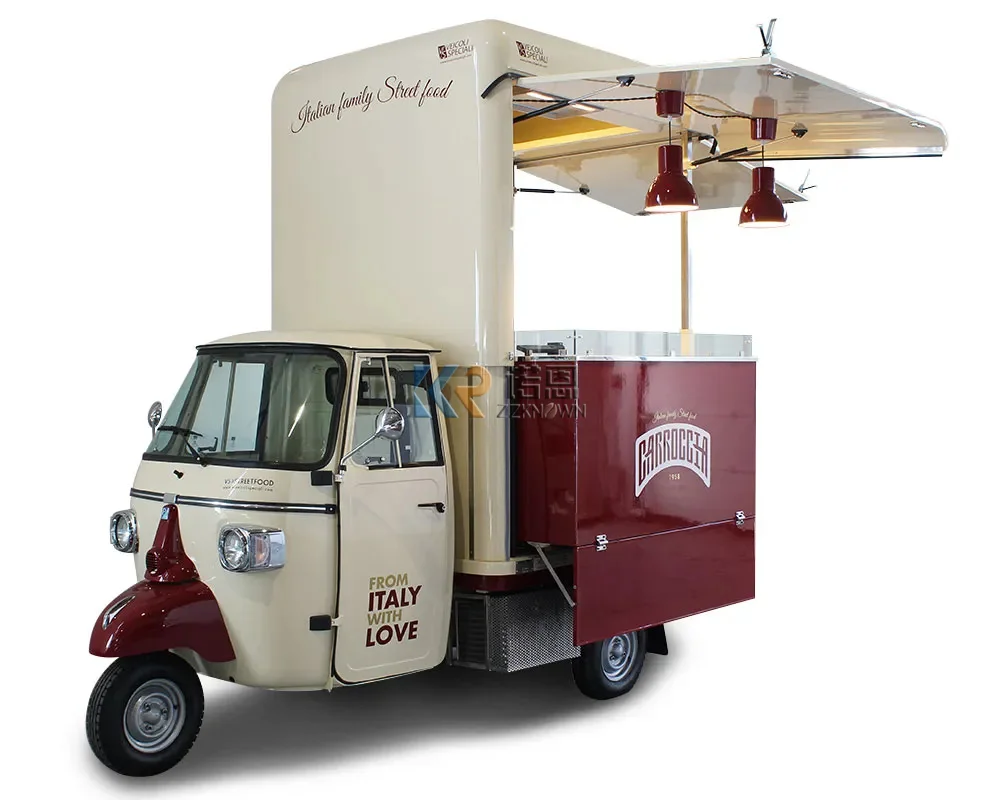 Electric Mobile Food Truck for Sale Fast Ice Cream Vending Kiosk Ape Tricycle Food Cart with Full Kitchen