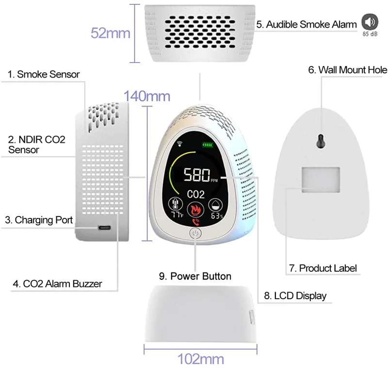 5 in 1 air quality monitor Tuya fire smoke alarm temperature humidity lora zigbee portable NDIR co2 controller