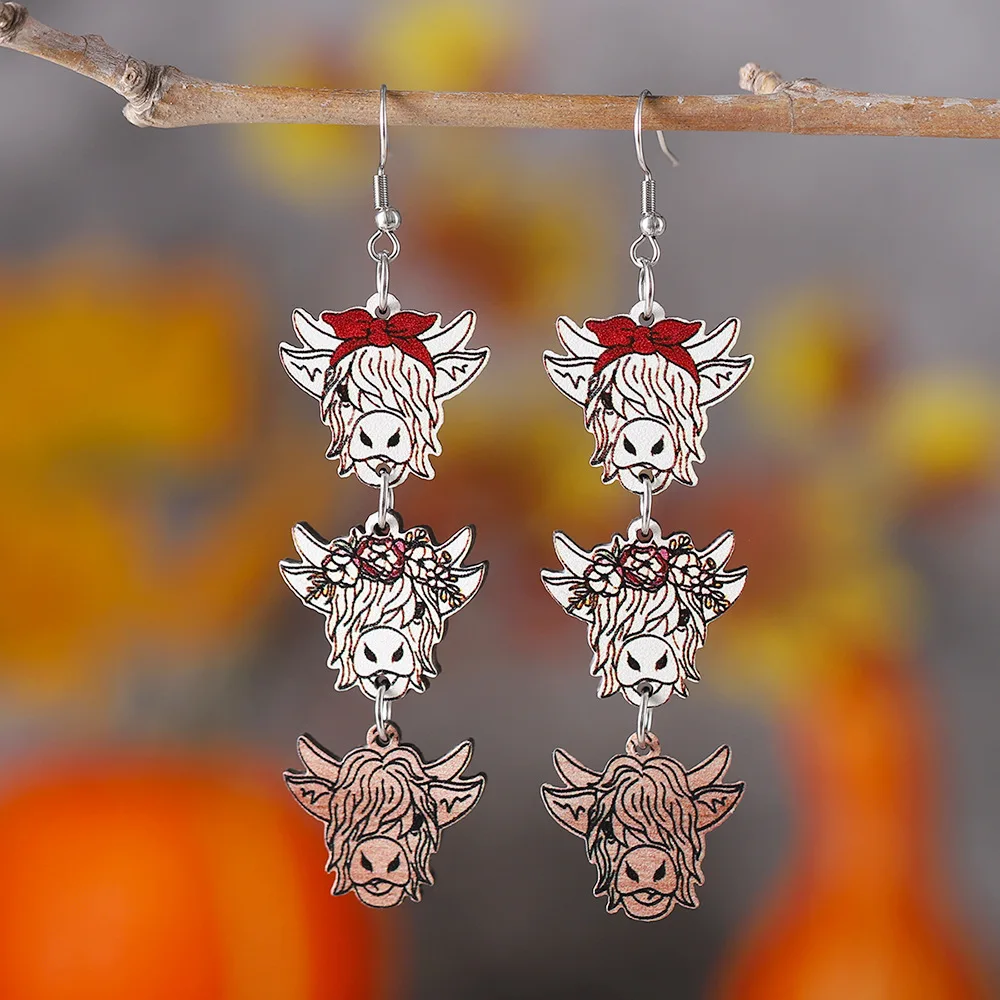 New western style bull head triple tassel personality pendant earrings double-sided wooden western farm earrings