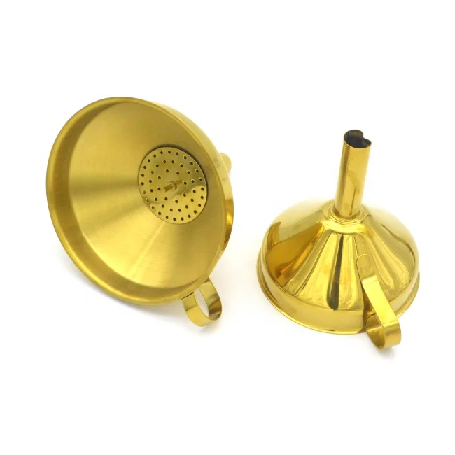 
Gold Copper Plated Stainless Steel Removable Strainer Filter Kitchen Bar Wine Liquid and Dry Ingredients Funnel with Handle 