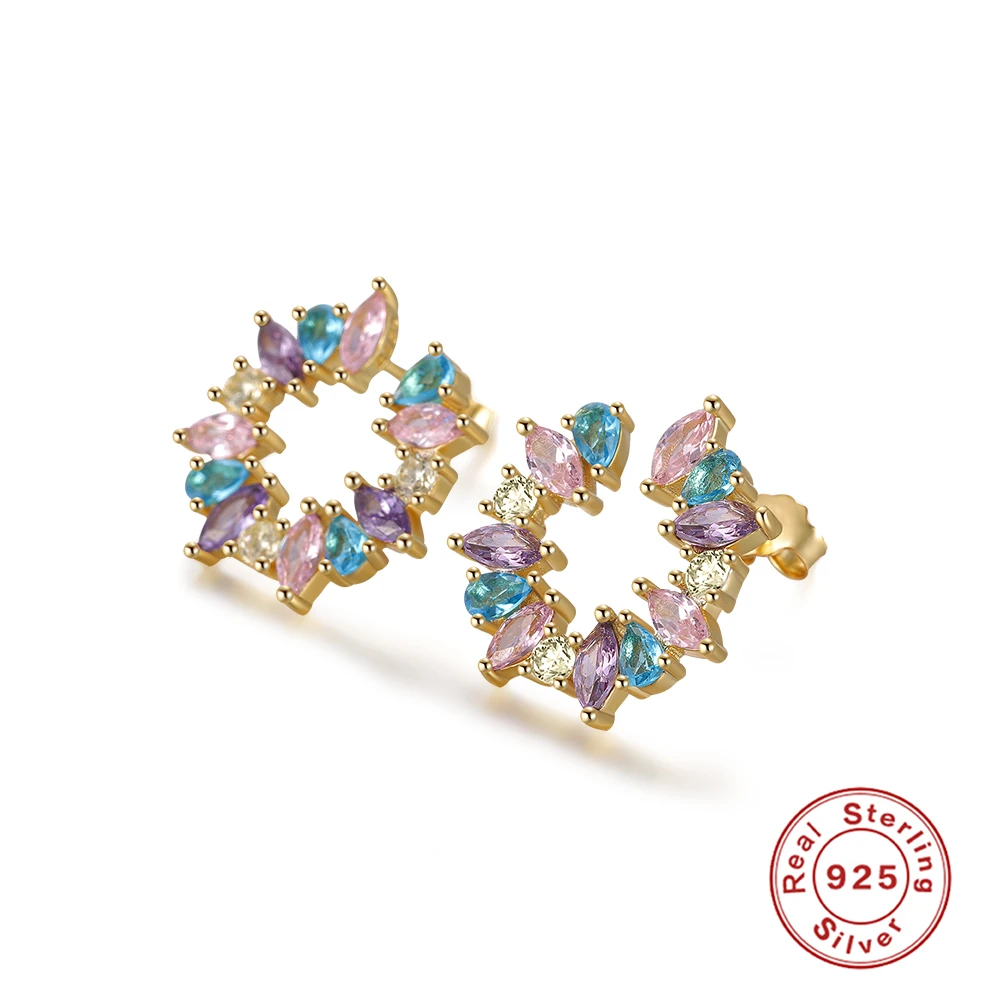 Fashion Jewelry Earrings 18K Gold Plated Diamond Silver Korean Colored Zircon Stud Earings Women