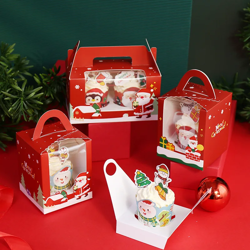 Christmas Cupcake Box New Portable Clear Window 1/2/4/6 Capsules Packaging Christmas Eve Apple Cake Gift Box with Handle