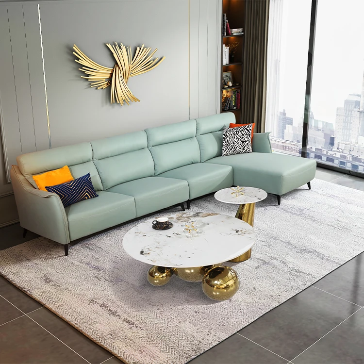 Light Green Living Room Sofa Set Furniture Sectional Modular PU Leather Sofa L Shape Sofa