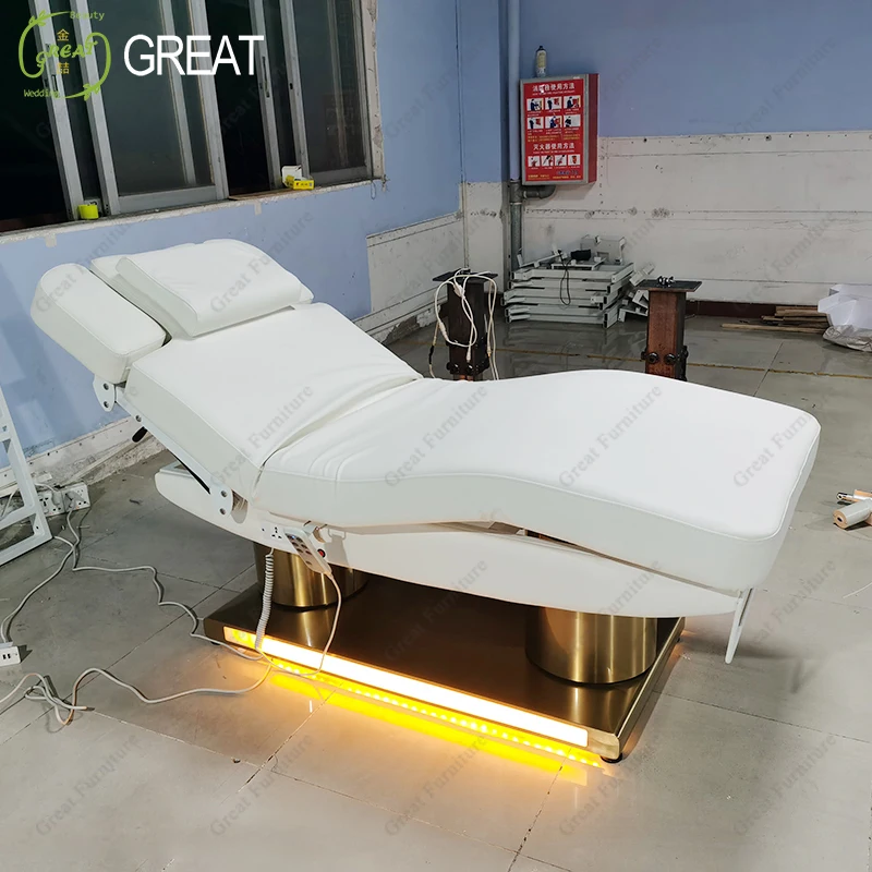 White Leather Gold Round Base Beauty Salon Eyelash Bed 3/4 Motors Electric Spa Equipment Massage Bed With Led Lighting (1600692743807)
