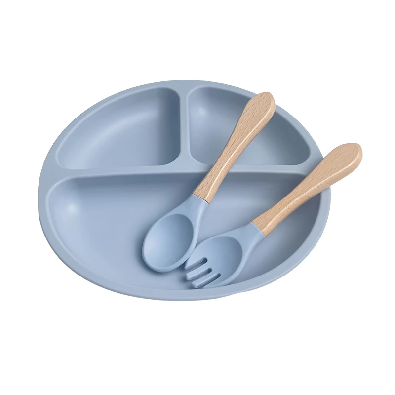 High quality kids Safety Non-toxic Food Grade Bamboo Wooden Kids Handle Baby Feeding Silicone Fork And Spoon Set