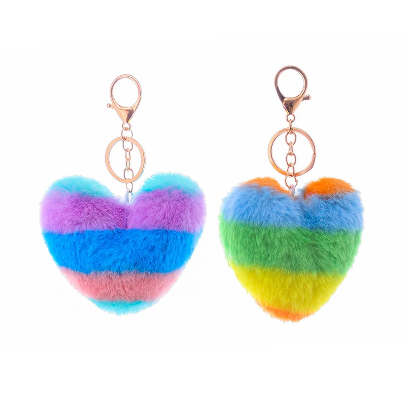 Rainbow Heart Shape Pompom Heart Shape Keychain Fur Pom Pom for Bag Keyring