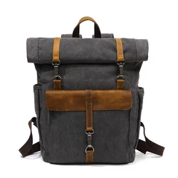 Vintage waterproof canvas outdoor travel roll top pack fashion sport backpack