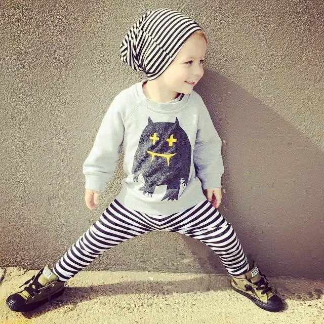 
baby cartoon monster printed tshirt and striped pants with hat girl toddler boutique clothing set 3 pieces unisex 