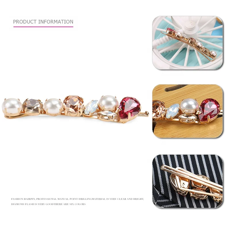 Women Gold Alloy Hair Clip Fashion Crystal and Pearl Hair Pins Colorful Crystal Pearl Hair Pin for Girls