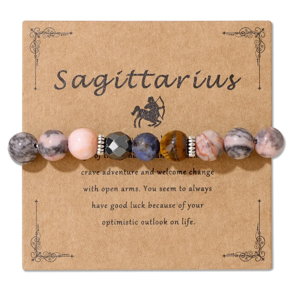 In Stock Wholesale Couple 12 Zodiac Sign Bracelet Astrology Jewelry Pink Zebra Natural Stone Bracelets