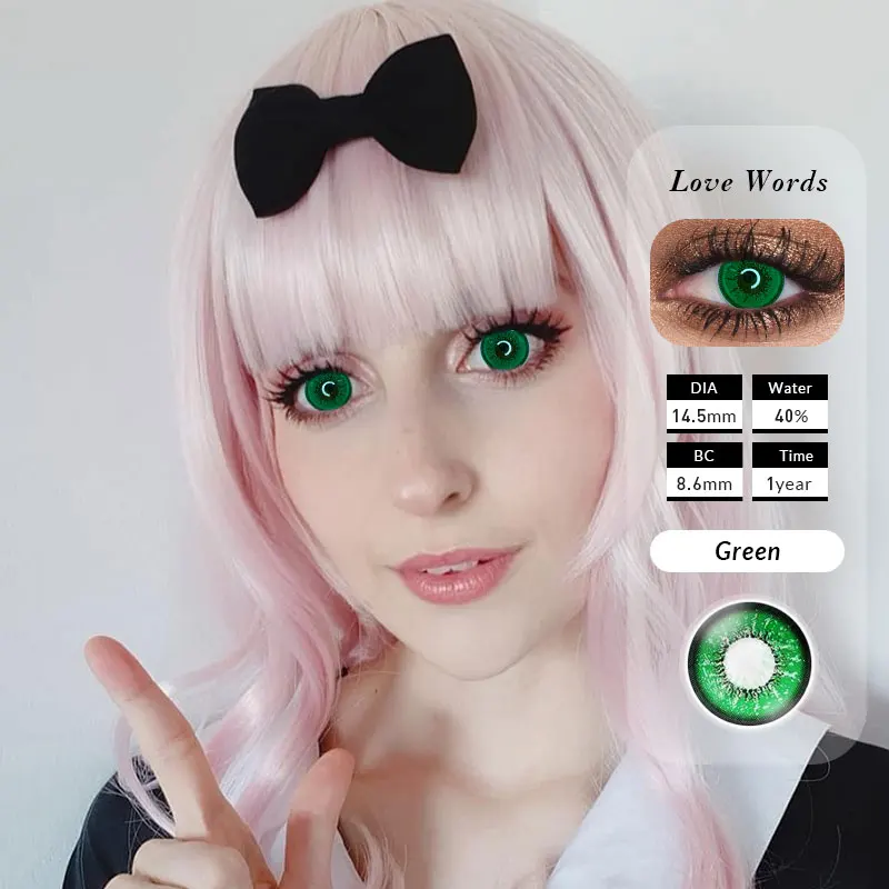 Любовь слова Qa02 14,5 мм зеленый цвет линзы контактные натуральные контактные линзы для контакта ежегодные цветные оптовые продажи Soflens