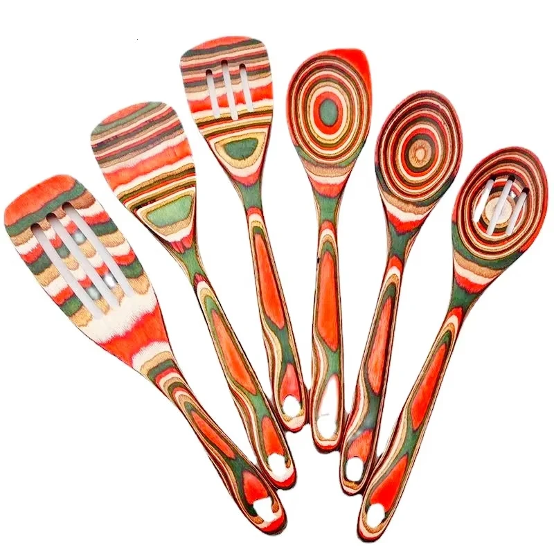 Factory Wholesale Cooking kitchen utensils Spoon Turner Wood Cooking Color Pakka wood 6 piece set of wooden kitchen tools