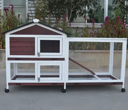 Maroon&White Wooden Rabbit House with Wheels and 3 Trays