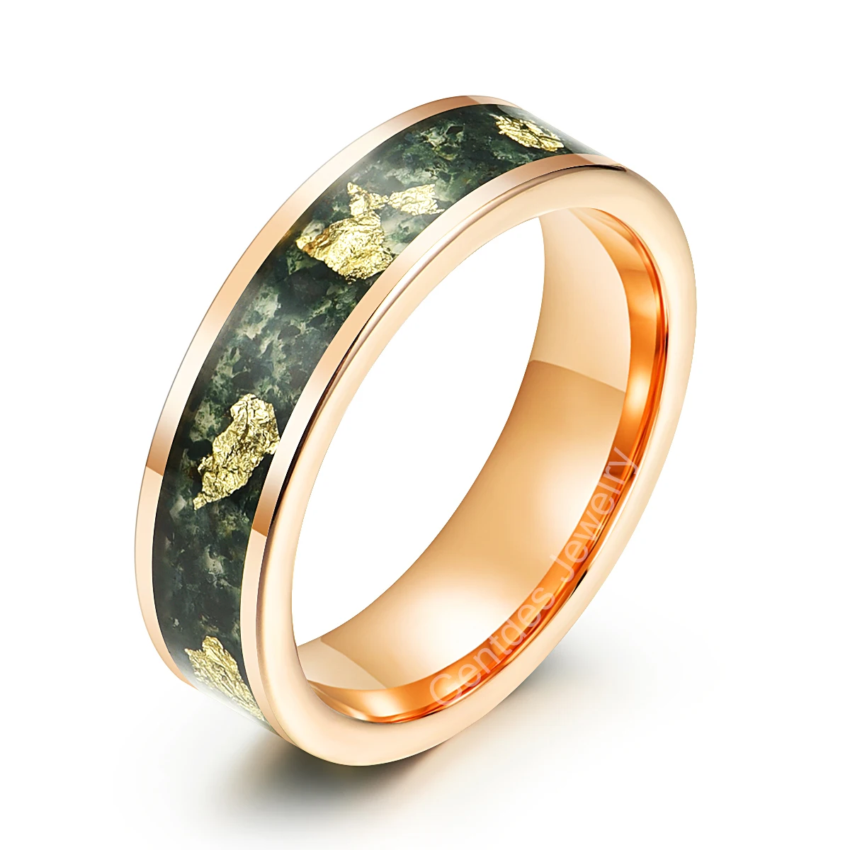 Gentdes Jewelry Custom Handmade Flat Rose Gold Tungsten Carbide Ring Inlay Moss Agate And Gold Foil Wedding Ring For Woman Lady