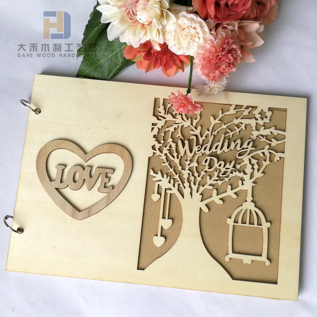 Hot Sale Laser Engraved Wooden Guest Book 20 Pages Custom Wood Notepad for Wedding Use Message Decoration