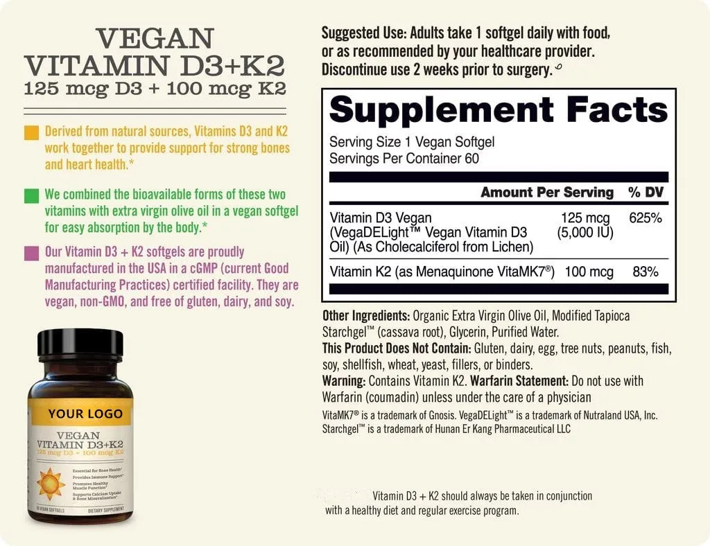 Vegan Vitamin D3 5000iu (125 mcg) + Vitamin K2 (100mcg VitaMK7) Healthy Muscle Function, and Immune Support