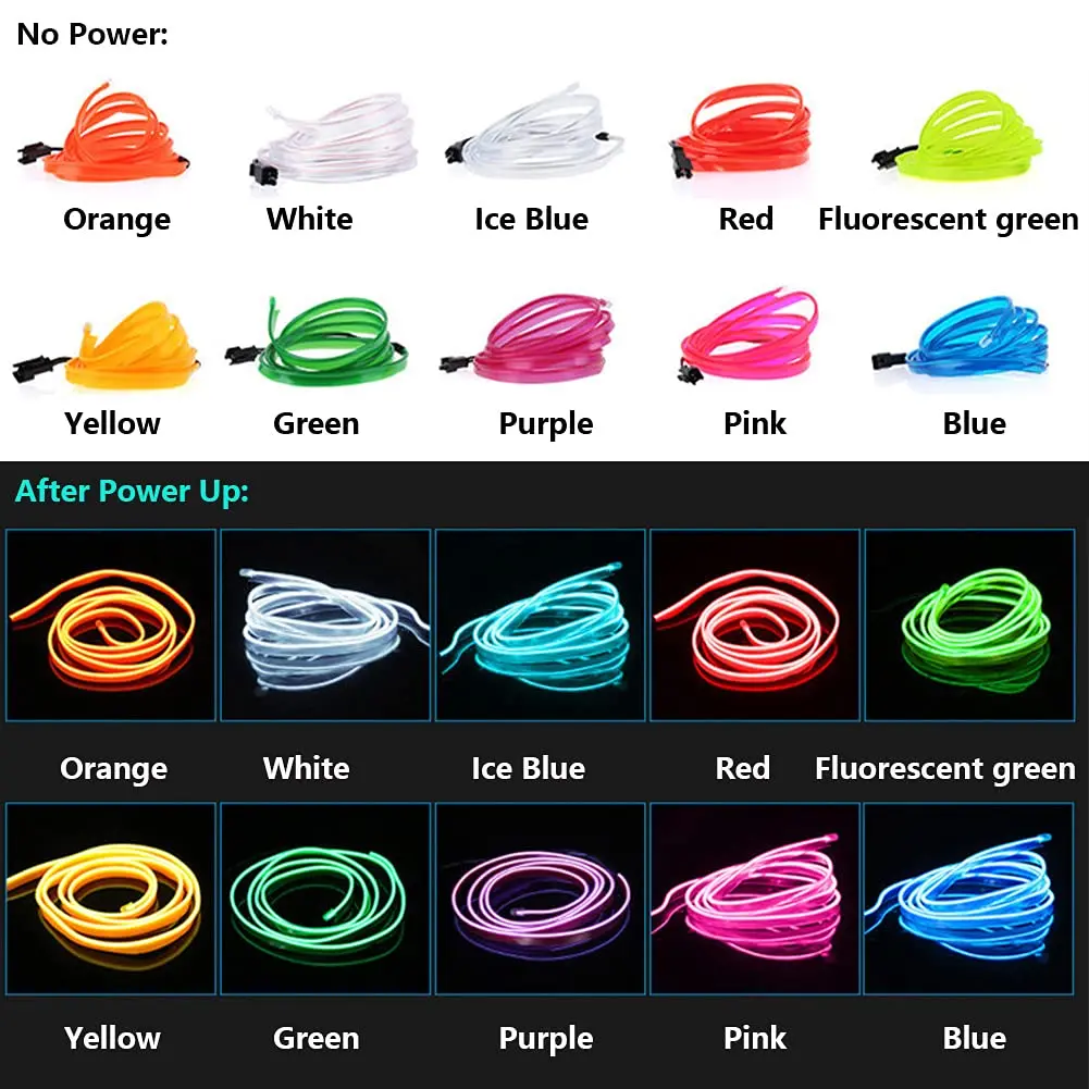EL Wire Interior Car LED Strip Lights, USB Neon Glowing El Wire with 6mm Sewing Edge, Ambient Lighting Kits for Car, Garden