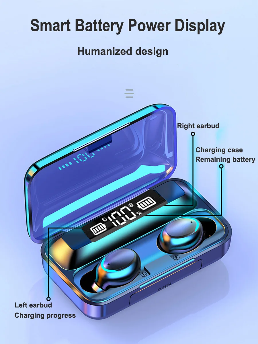 Customizable F9 wireless Blue tooth headset IPX6 waterproof digital display Blue tooth headset 9D stereo sports headset