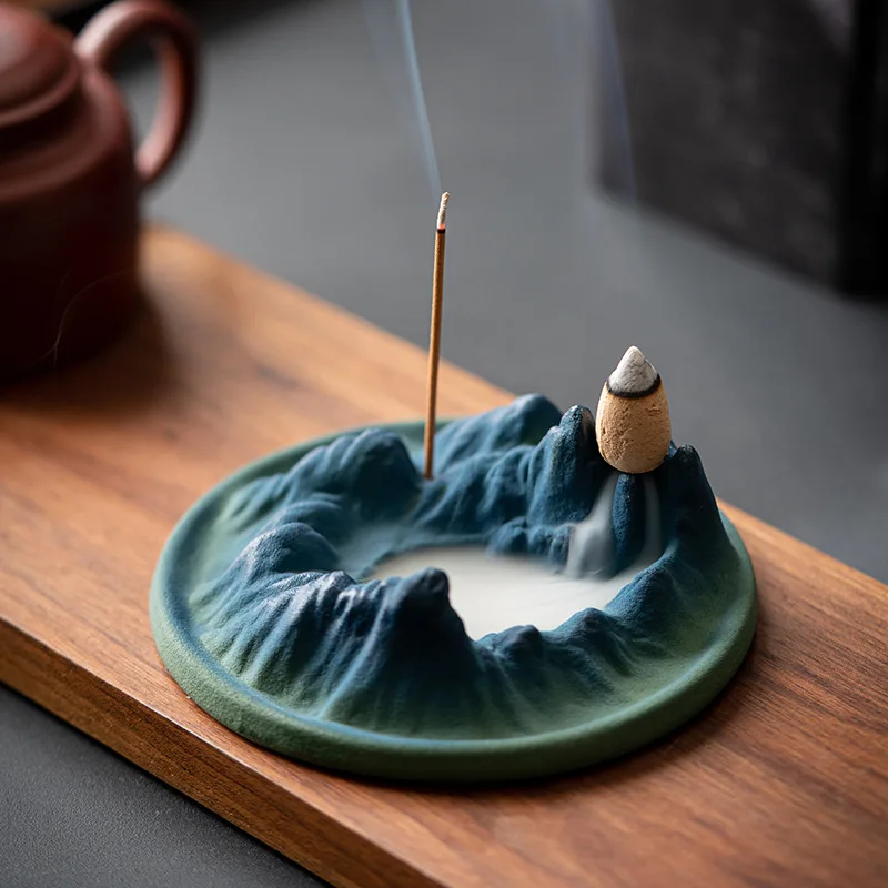 Custom Size Design Navy Blue Rough Ceramic Cone Backflow Incense Stick Holder Waterfall Burner