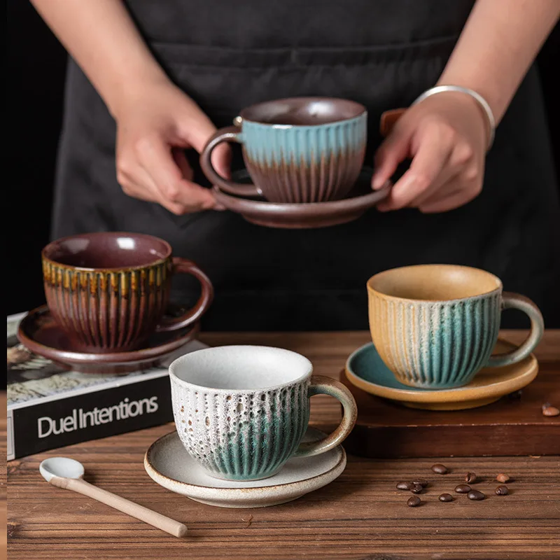 Japanese Retro Handmade Espresso Cup And Saucer Ceramic Set 220ml Striped Coffee Cup With Spoon And Saucer Set