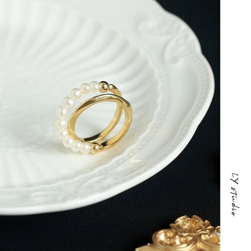 European Adjustable Pearl Ring Real Pearl Line Cross Ring Female Lady Style Gentle Design Stacking Jewelry Korean Metal Bulk