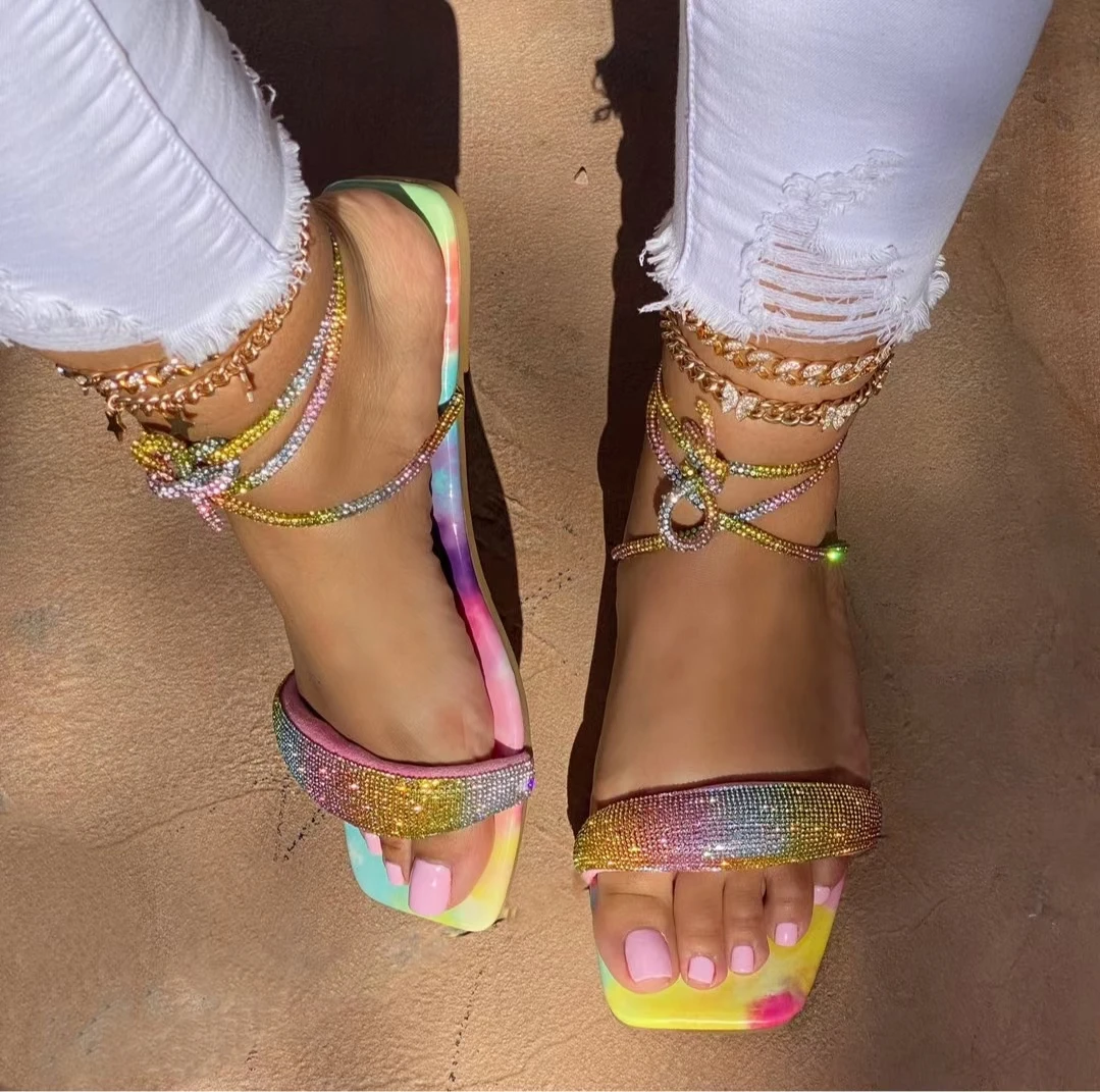 Factory Wholesale Diamond Sandal for women Fashion luxury colorful Rhinestone strap sandals slippers