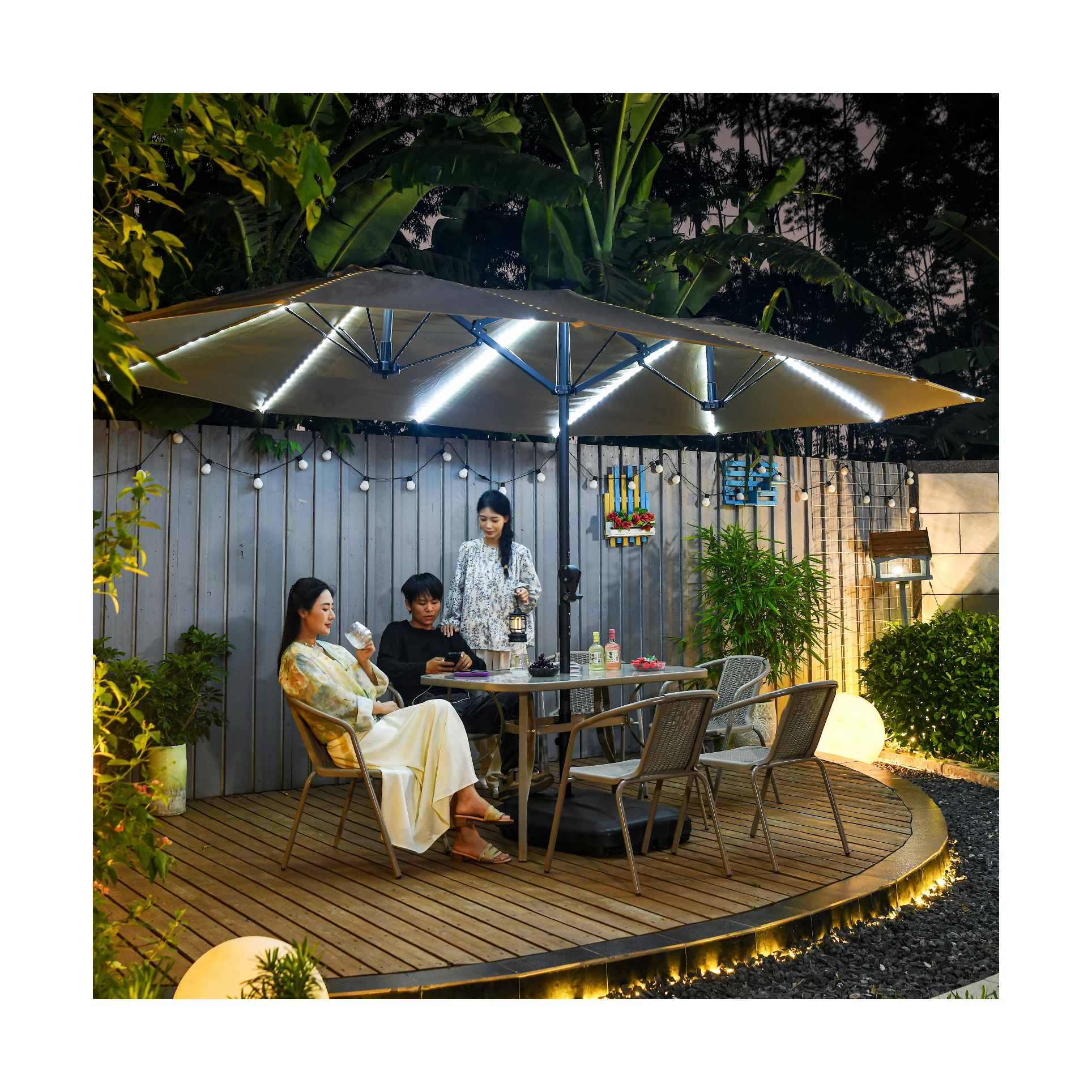 [MOJIA]Three Heads Super Big Umbrella Outdoor Furniture Big Size 4*4/5*5/6*6m Good Effect Led Stripe Wholesale Factory Cost