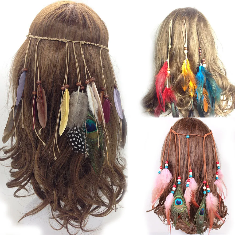 Fashion Boho feathers Headband Clip Rope for Woman Festival Hair Accessories Peacock feathers Turban Ladies Adjust Hairband