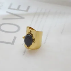 Non Tarnish Free Jewelry Gold Plated Fashion Stone Chunky Wide Band Statement Adjustable Stainless Steel Ring Men Women Trendy