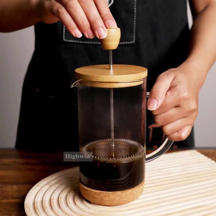 HIGHWIN Heat Resistant Bamboo Lid French Press High Borosilicate Glass French Press