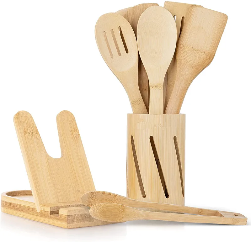 11 Pcs Bamboo Cooking Utensil Set - Natural Non-Abrasive Wooden Kitchen Set Utensil