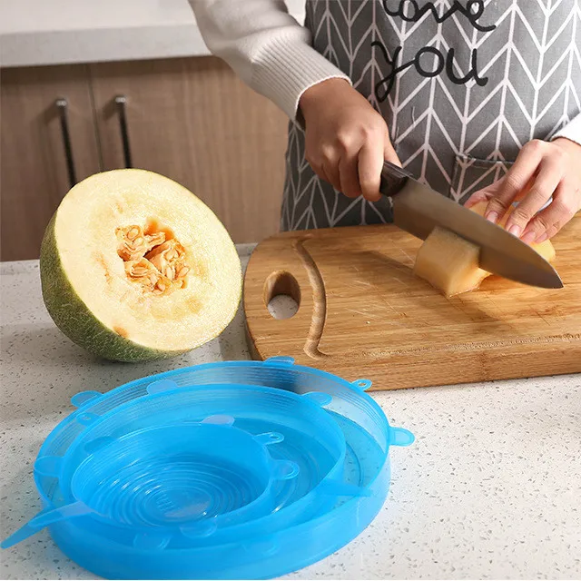 6 pack universal various sizes reusable durable expandable BPA Free flexible stretch silicone lid set for food cans,jars,bowls