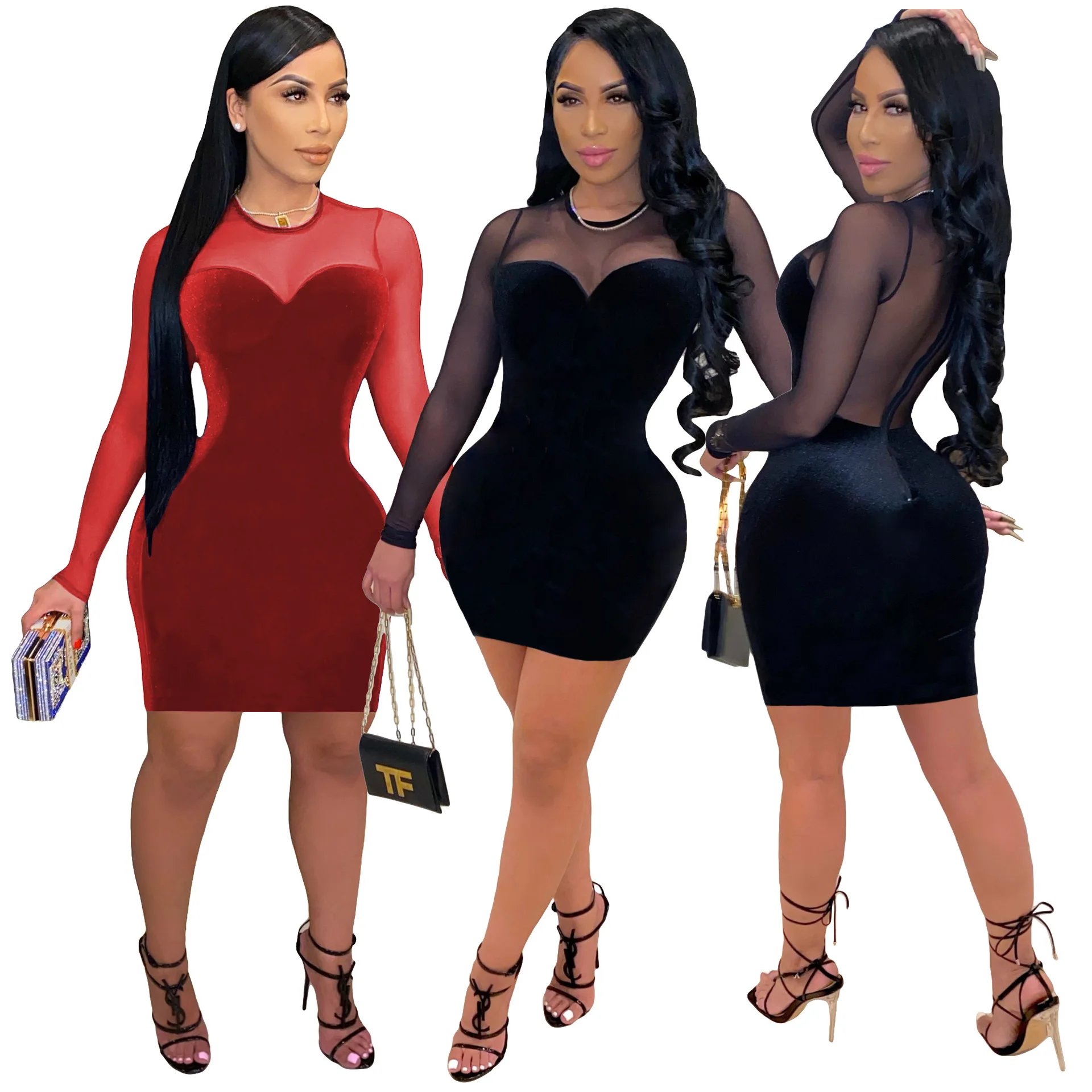 New Arrivals Woman Dress 2020 Mesh Velvet Patchwork Sexy Night Club Bodycon Dresses Birthday Dress for Women