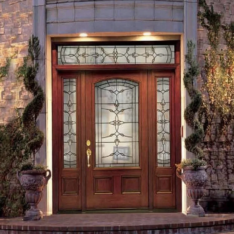 Exterior door Modern wooden double panel swing type security front door bright European style double glass door