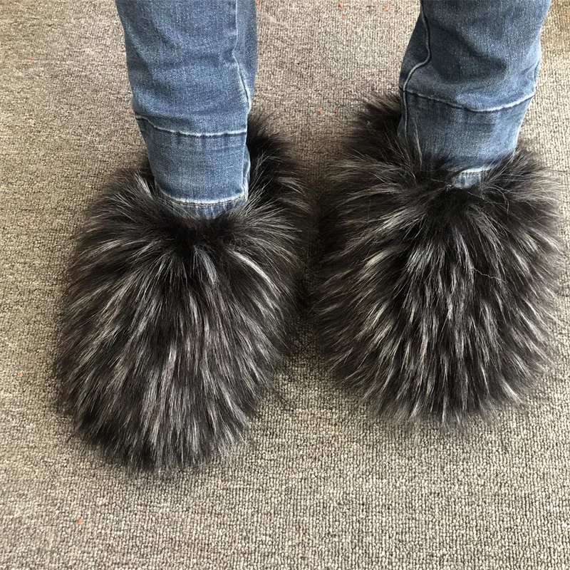 New Design Fashion Soft Fluffy Faux Fur Slide Fox Raccoon Fur Slippers For Women