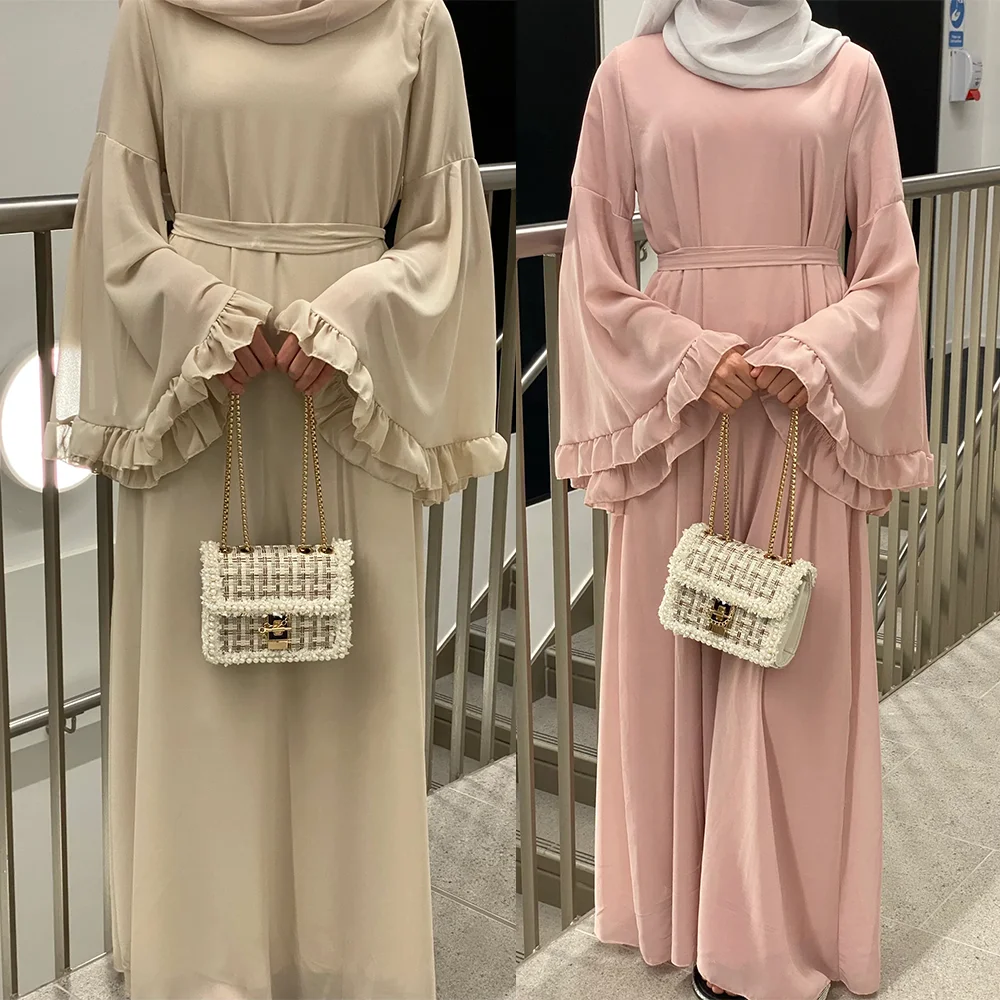 2024 Wholesale Custom Abaya Turkey Ladies Islamic Clothing Luxury Chiffon Ruffled Sleeves Abaya Women Muslim Dresses Dubai Abaya