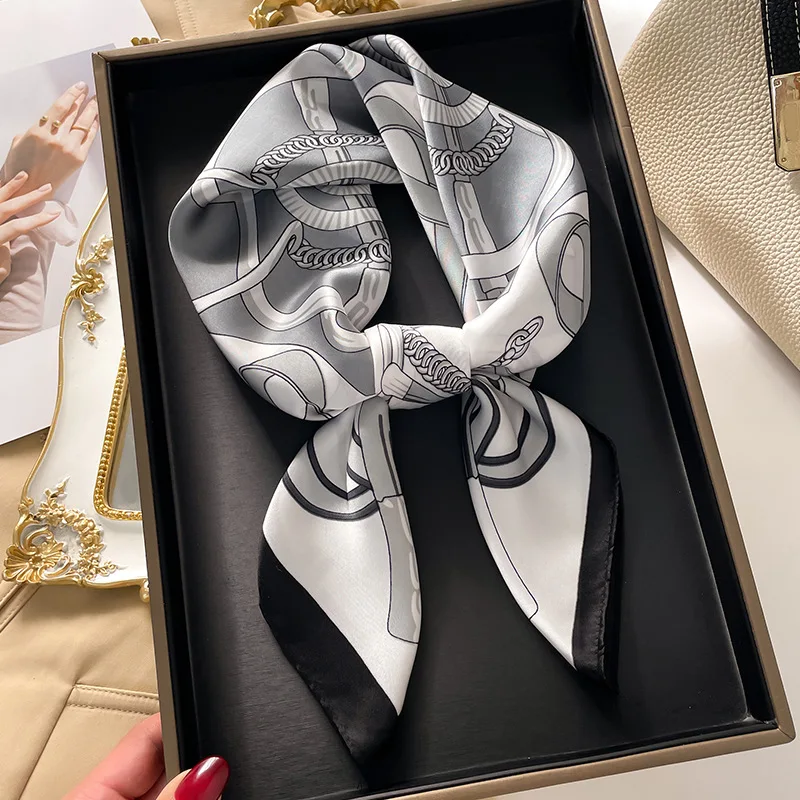 Fashion ladies luxury designer logo printed silk square scarf with chain pattern 70*70cm silk small handkerchief hair scarf