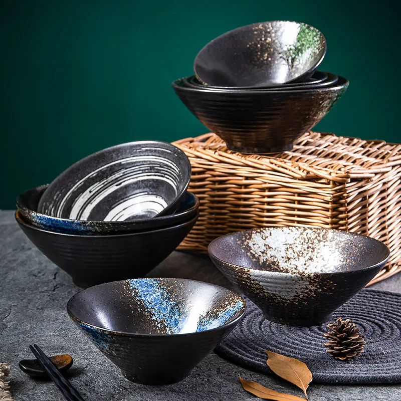 Retro Ceramic Soup Udon Soba Bowl Porcelain Fruit Salad Pho Cereal Bowl Japanese Noodle Ramen Serving Bowls Restaurant Tableware