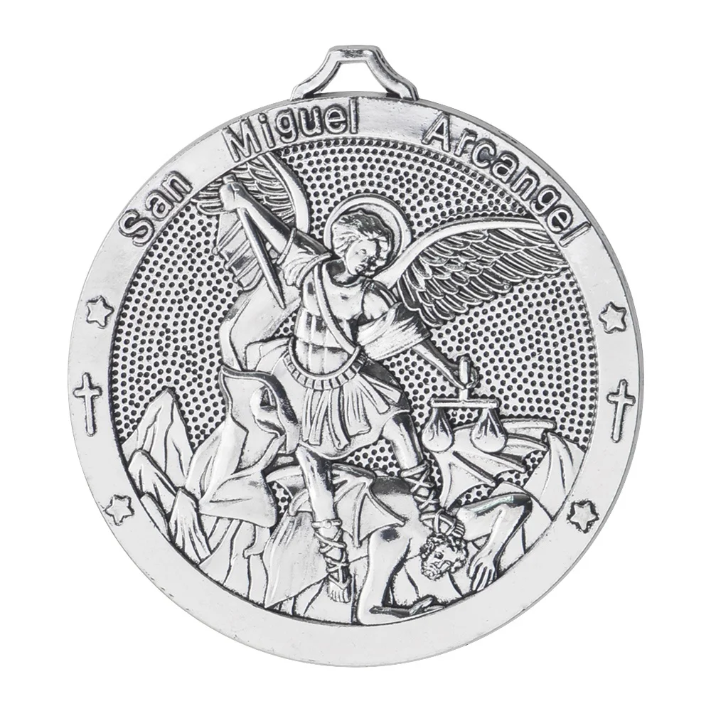 Saint Michael San Miguel Arcangel 76mm Religious Silver Pendant Catholic Alloy Jewelry Plated Diamond Pearl Number Pattern Charm