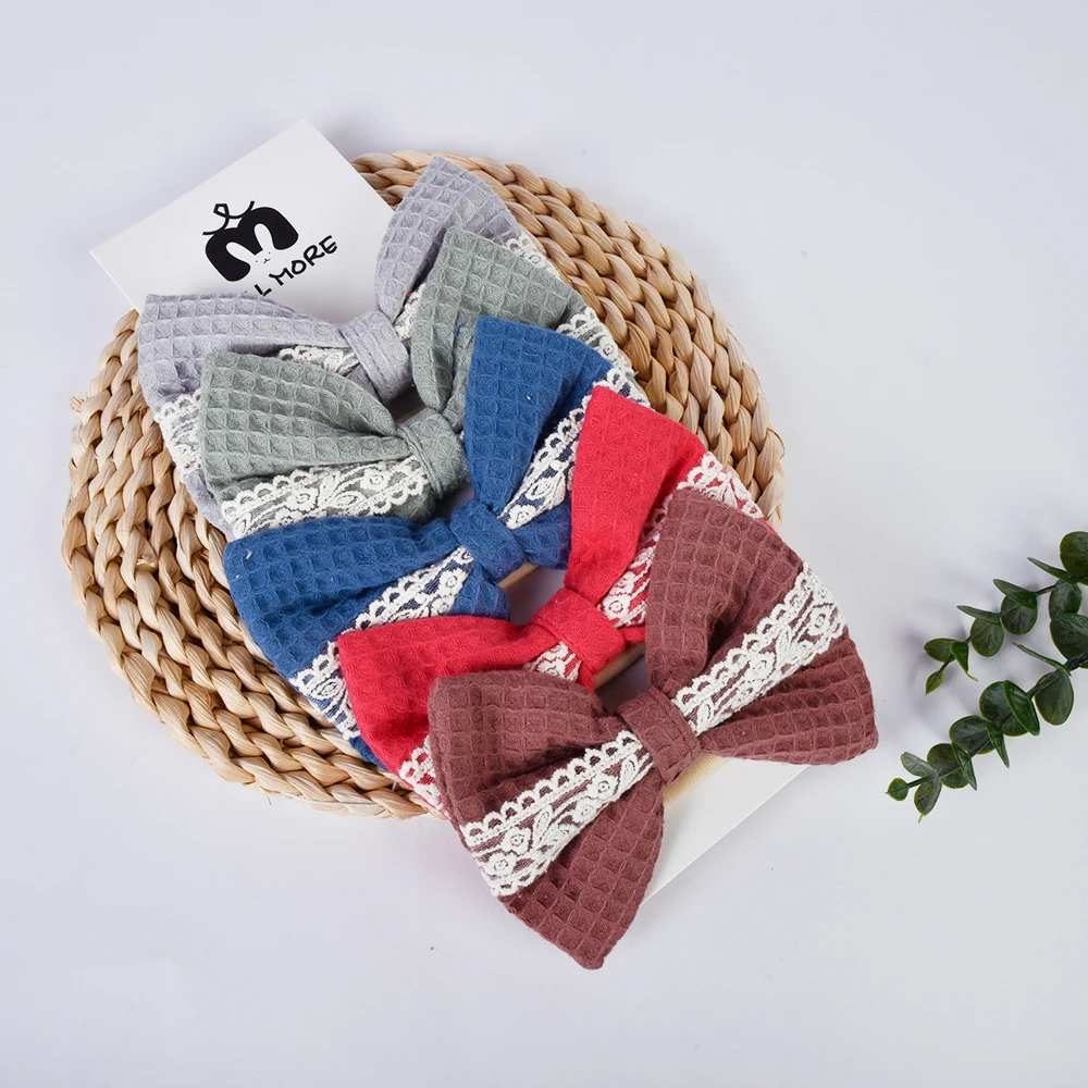 new product kids headwear hair accessories bow 100% cotton fabric with lace