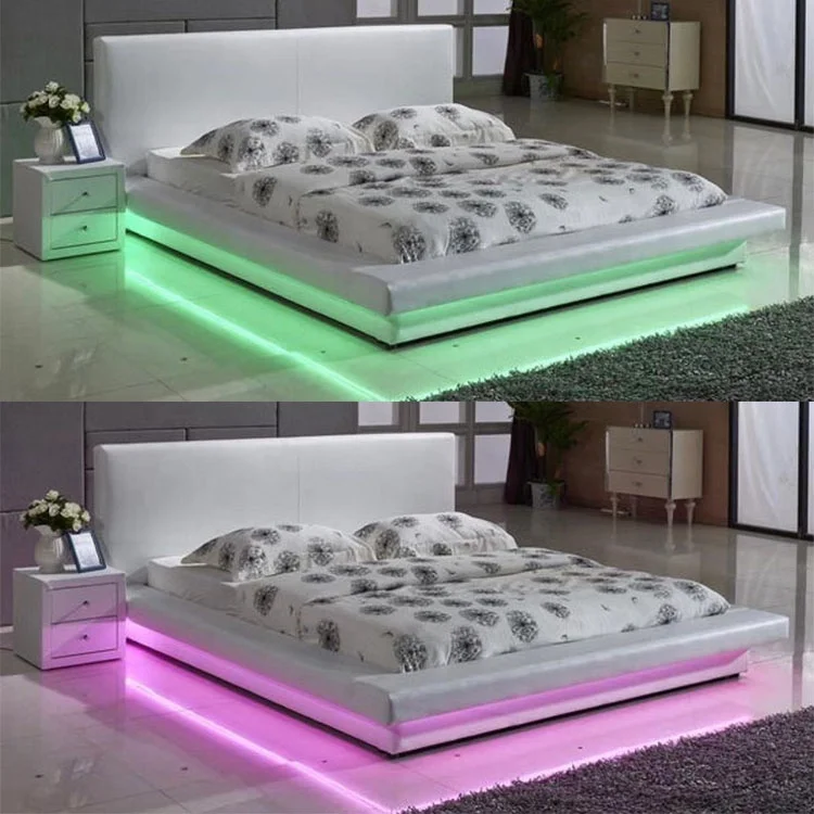 New fashion black double king size high headboard leather LED bed