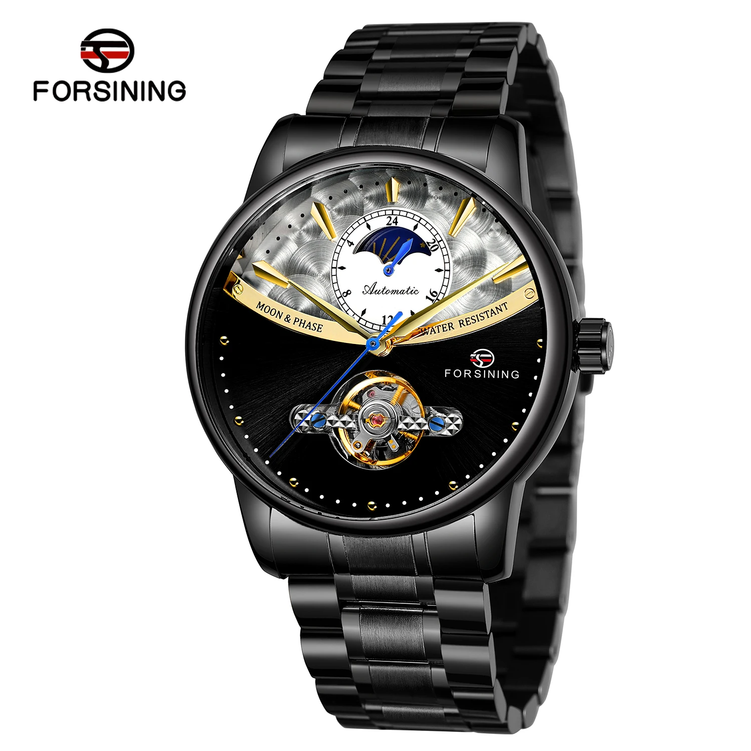 
Forsining New Stainless Steel Bracelet Tourbillon Automatic Custom Watches Luxury Flying Moonphase Tourbillion Mechanical Watch 
