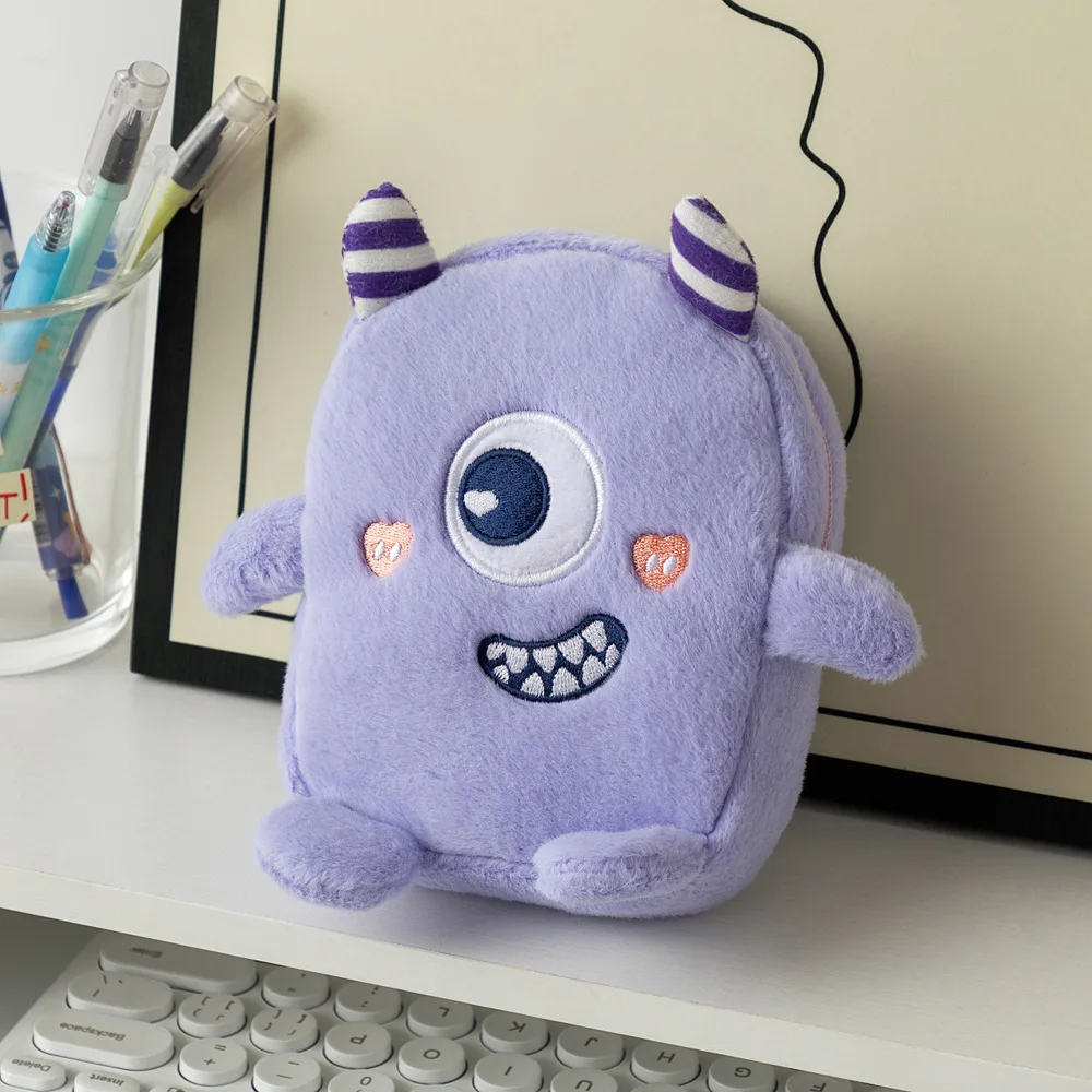 Cute Cartoon Monster Coin Purse Unisex Zipper Storage with Big Eye Funny Colorful Plush Doll and Key Use